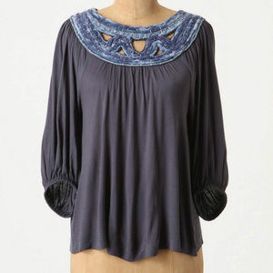 Anthropologie Fenestella Tee Navy Blue Peasant Top Blouse By C Keer, Sz XS & S